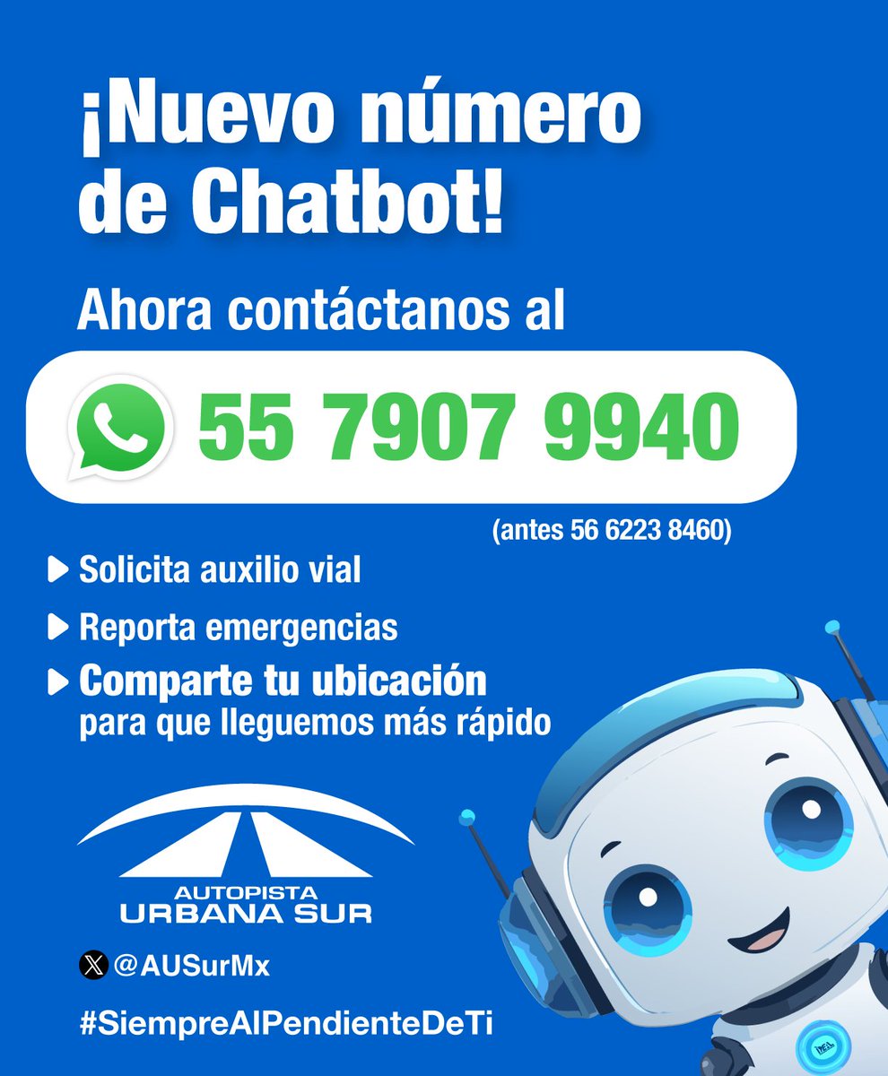 "¡Guarda este número! 📲 55 7907 9940
Nuestro Chatbot ahora te permite compartir ubicación para auxilio vial más rápido. 🚗✅
#TuCaminoIDEAL #AuxilioVial #SoporteFacturación"