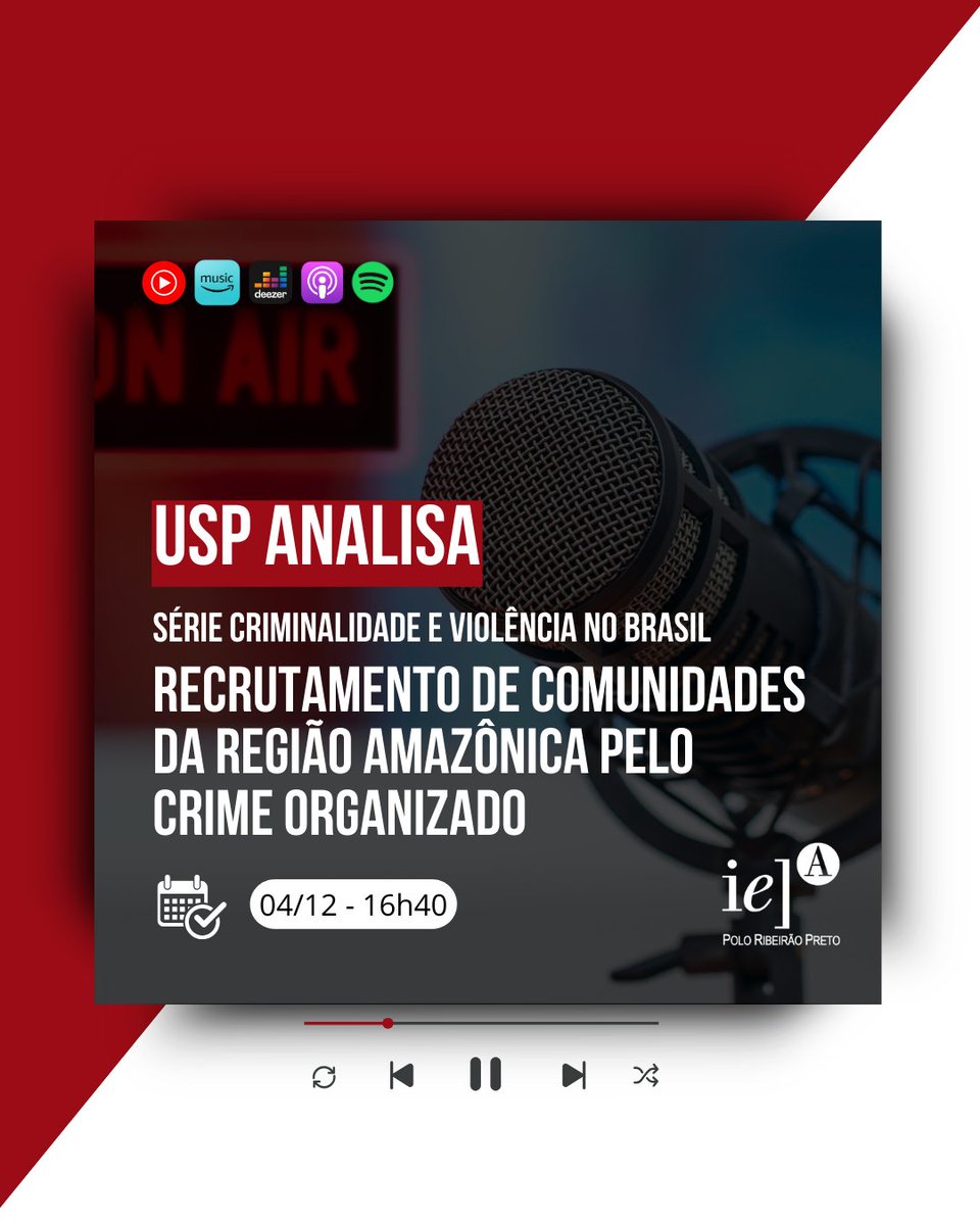 IEARP's tweet image. No USP Analisa desta quinta (4), o coordenador do Grupo de Criminologia Experimental do IEA-RP, Eduardo Saad Diniz, e o defensor público do Amazonas Carlos Almeida Filho falam sobre o recrutamento de habitantes da região amazônica pelo crime. Saiba mais: rp.iea.usp.br/dominio-do-cri…