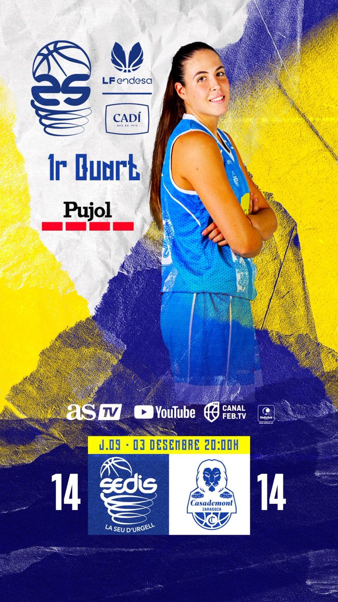🦋 #LFEndesa J9 l 1Q

⬜️🟦 <a href="/sedisbasquet/">AE Sedis Bàsquet</a> 14
🟥⬛️ <a href="/casademontBZ/">Casademont Zaragoza</a> 14

📍Palau d’Esports

📺 canalfeb.tv l youtube <a href="/BaloncestoESP/">Baloncesto España</a> | <a href="/RadioSeu/">RàdioSeu</a> l <a href="/AS_TV/">AStv</a>  

 Som-hi!!! 💙🤍

#sentelsedis🏔️🏀