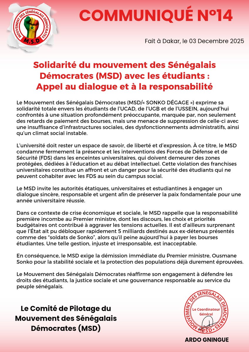 MSD_Officielle's tweet photo. Dans ce contexte de crise économique et sociale, le @MSD_Officielle rappelle que la responsabilité première incombe au Premier ministre, Ousmane SONKO dont les discours, les choix et priorités budgétaires ont contribué à aggraver les tensions actuelles. (Lire Communiqué 👇) https://t.co/G83O4Kioxk