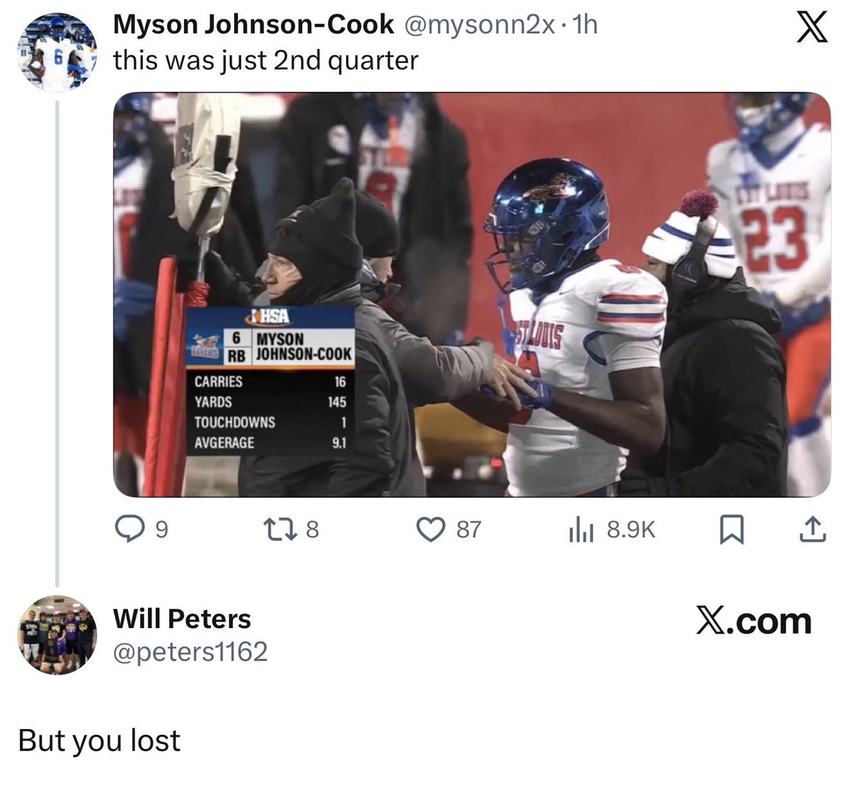 Flashlife_76's tweet photo. 16 year old kid posts his stats from a state championship game and a @wcusd15sports football coach/teacher subtweets and talks shit. Great look for the bullets! @peters1162 = douchebag https://t.co/13Hdy7YM83