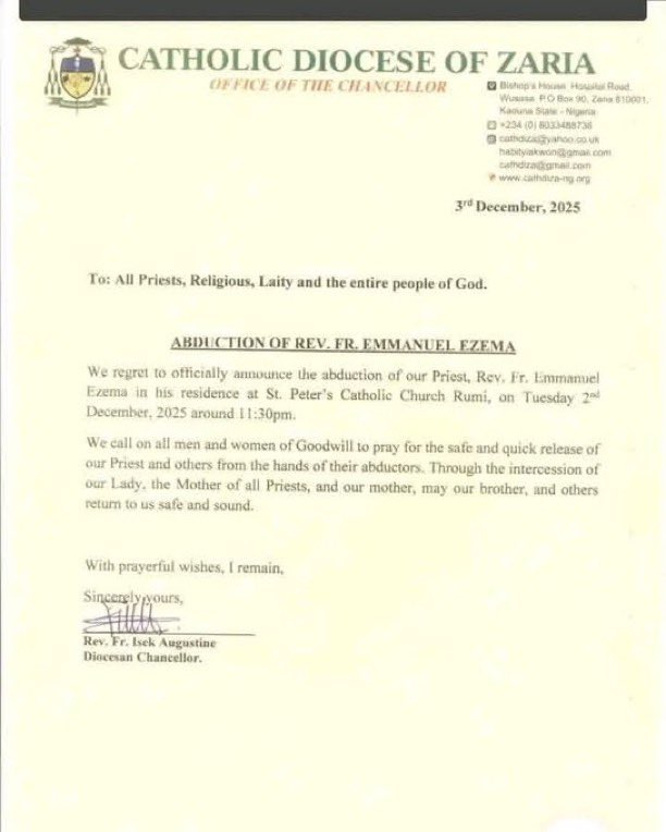 OurFavOnlineDoc's tweet image. ANOTHER CHRISTIAN PRIEST ABDUCTED.

Terrorists in Kaduna have done it again.
Rev. Fr. Emmanuel Ezema of Catholic Diocese Zaria was abducted yesterday night in the parish rectory of St. Peter&apos;s Catholic Church Rumi.

Pls share this for his safe and speedy release 🙏🏿 Cc @PoliceNG