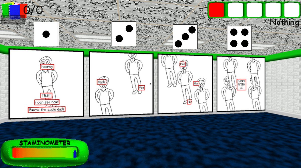 ShyGuyStudios1's tweet image. Gambling Theory:
I noticed that the placement of Baldis were arranged like dots on a dice so I don&apos;t think we&apos;re getting new comics. However, I think it&apos;s a new minigame or structure we might get. 1/2
#BaldisBasics