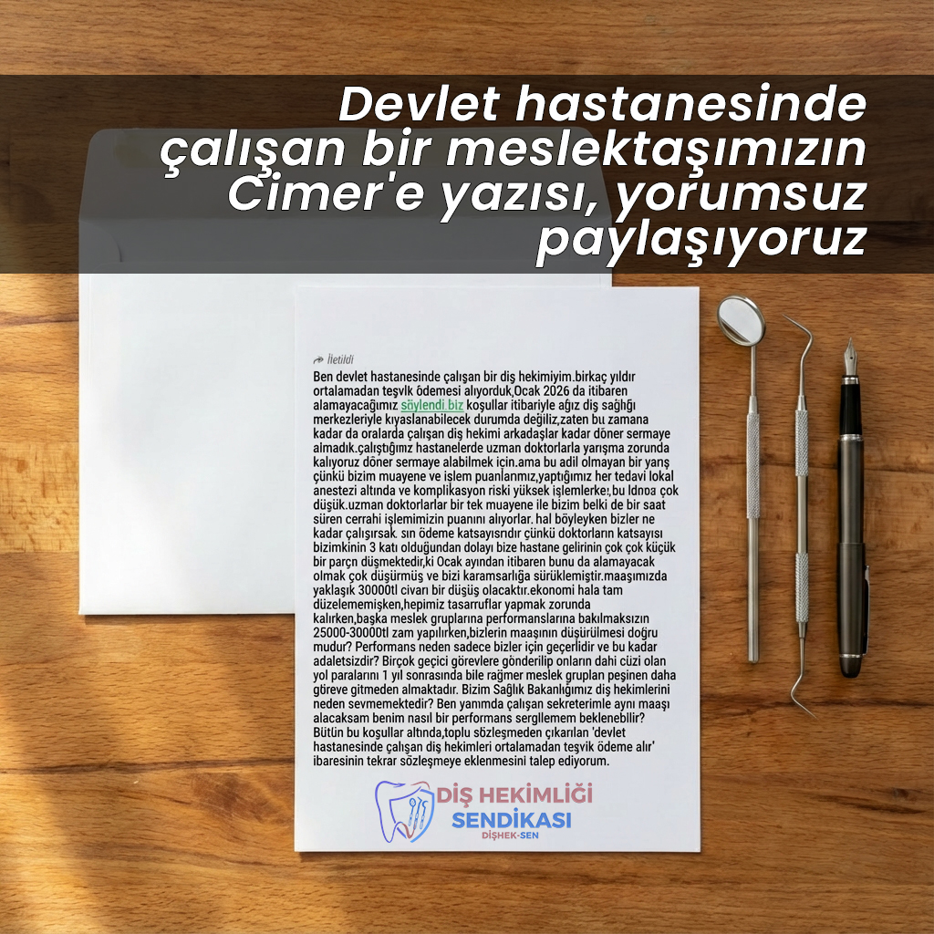 📌Devlet hastanesinde çalışan bir meslektaşımızın Cimer'e yazısı, yorumsuz paylaşıyoruz.

"Ben devlet hastanesinde çalışan bir diş hekimiyim.birkaç yıldır ortalamadan teşvik ödemesi alıyorduk, Ocak 2026 da itibaren alamayacağımız söylendi. Biz koşullar itibariyle ağız diş sağlığı