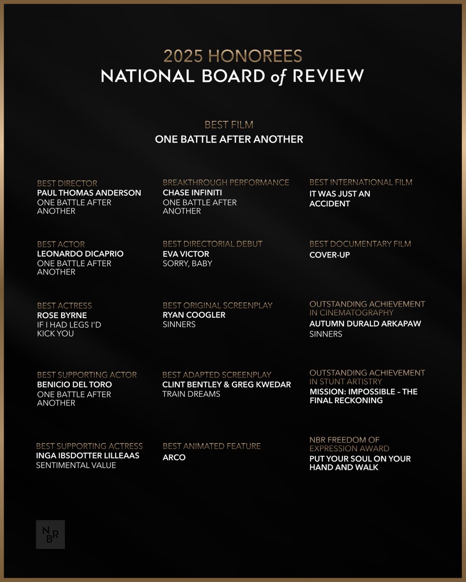 NBRfilm's tweet image. The National Board of Review announces the winners of the 2025 NBR Awards. The #NBRAwardsGala will take place on Tuesday, January 13, 2026 in New York City.