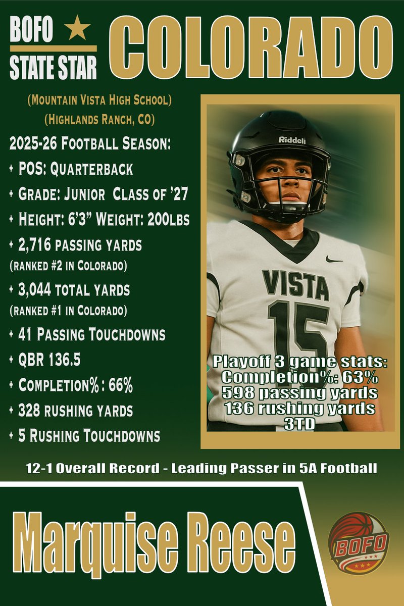 BallOfFameHQ's tweet photo. BOFO State Star: Marquise Reese (Mountain Vista) @MarquiseReeseQB 
One of the most productive QBs in the nation — elite poise, accuracy, and leadership all season long.
Proud to spotlight a true standout. 🏈⚡
#BOFO #StateStar #RecruitReady https://t.co/JFOa56cGBo