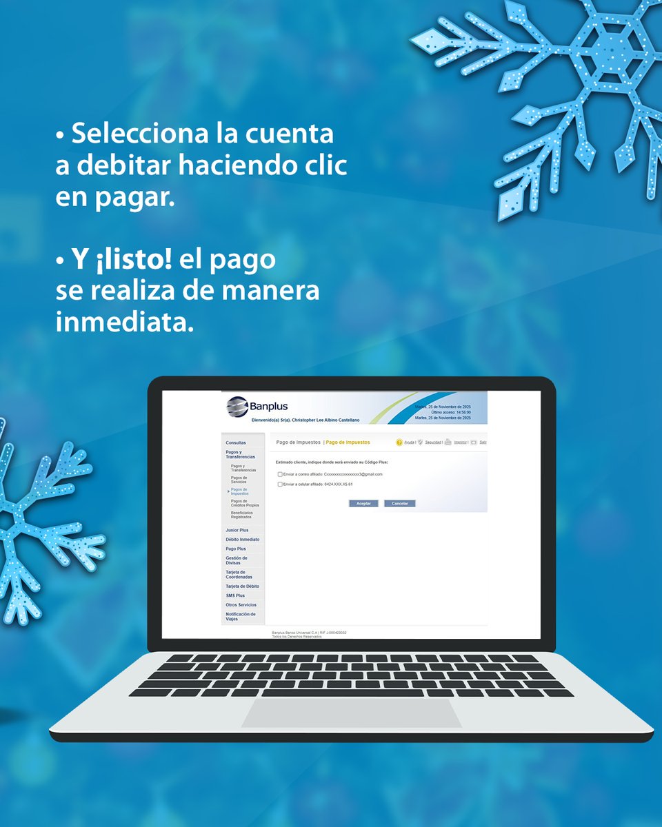 Estas fiestas, disfruta con tranquilidad dejando tus trámites al día. Realiza el pago de aranceles y tasas nacionales ante el SAREN de manera rápida y segura con Banplus On Line. 💙

Así, puedes dedicar más tiempo a celebrar, compartir y sentir la magia de la Navidad. 🤗🎁