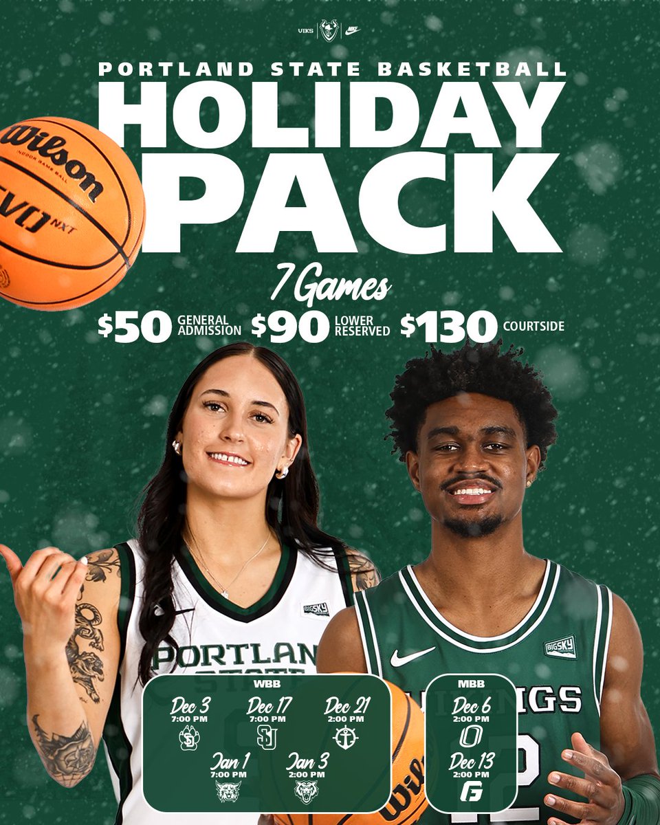 psuviks's tweet image. Your @psuviksWBB and @psuviksMBB teams will play at Viking Pavilion 𝙨𝙚𝙫𝙚𝙣 times between Dec. 3 and Jan. 3. Give the gift of Viking basketball this holiday season with a pass to all seven games, starting as low as $50.

➡️ portlandstate.universitytickets.com/w/packages/Pac…

#GoViks | #DefendTheShip