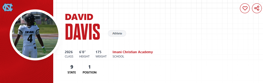 PRZVicCastillo's tweet photo. Imani Christian Academy's @DavidDavis781 has officially signed with #UNC Football #nsd2026

2026 PA Recruit #9 OVR - #1 ATH (TWO-WAY)

Congrats to him and his family! @Chise89 @UNCFootball @TarPitPod @InsideCarolina https://t.co/IcnarCiqRc