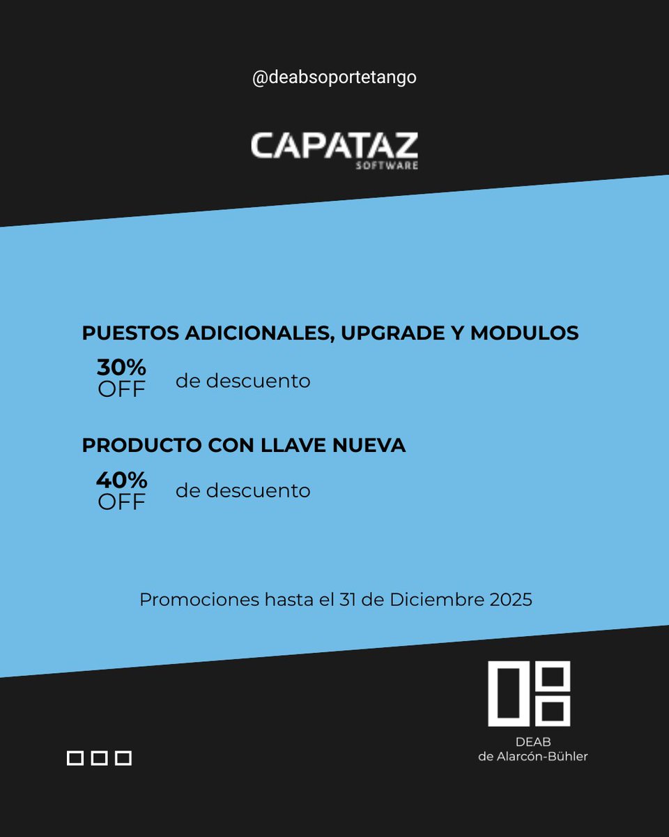 DEABTango's tweet image. 👉 PROMOCIONES DE CAPATAZ SOFTWARE Diciembre 2025

🔴 Vigente hasta el 31 de Diciembre 2025.

#tangosoftware #soportetango #tangogestion #deab #dealarconbuhler