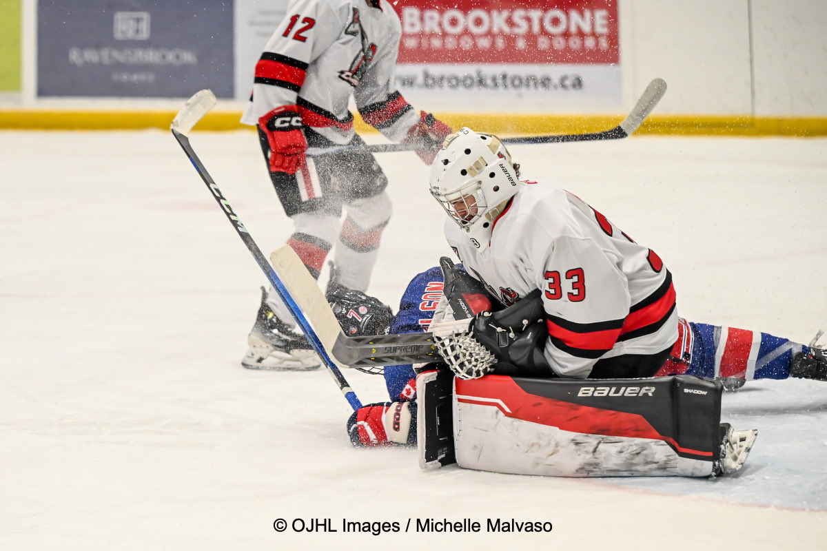 The <a href="/OJHLRangers/">North York Rangers</a> get one in a power play with a minute left in the second - score is 4-1 <a href="/chargersojhl/">Mississauga Chargers</a> going into 3rd