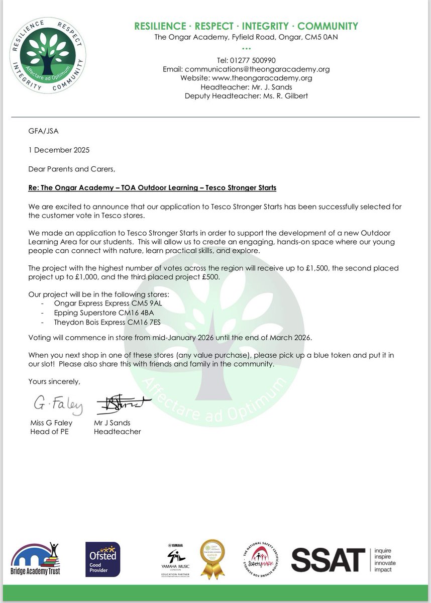 WE NEED YOUR SUPPORT! 🚨
Get shopping in Tesco and put those blue tokens in The Ongar Academy box! 🔵 #outdoorlearning Your help would be greatly appreciated. <a href="/MrSandsHT/">Mr Sands</a>