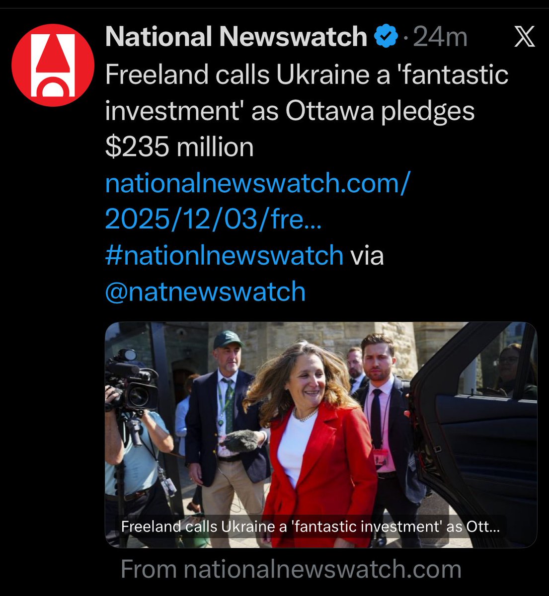 myabradshaw78's tweet image. Freeland goes to Kyiv a few days before a $100M Scandal is announced,comes back to Canada than downplays the corruption than turns around and states that giving Ukraine another $235M is a “Fantastic Investment”. Oh I’m sure it’s a fantastic investment for her.