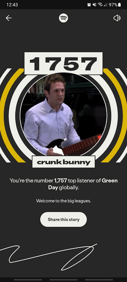 in the top 2000 for Green Day listeners is craaaazy work lmaoo #SpotifyWrapped