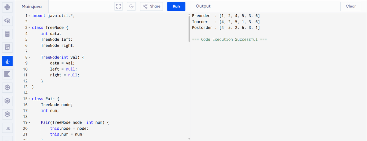 zimalkumud97's tweet image. Day 2 - Question 2 ✅
Implemented Preorder, Inorder, and Postorder traversals of a Binary Tree in a Single Traversal using Stack.
#Day2 #DSA #BinaryTree #TreeTraversal #Java #ProblemSolving #100DaysOfCode  #PlacementPreparation #TechTwitter