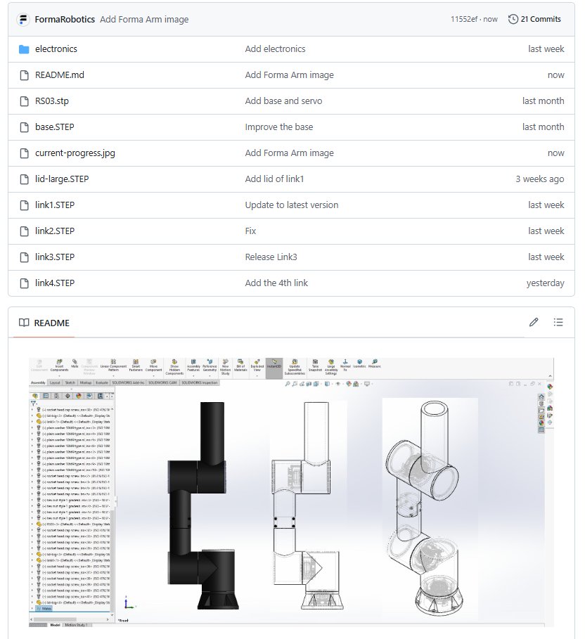 Just committed a couple of small fixes on the latest link and added the current Forma Arm progress image to the repo. Steadily moving forward.
Repo:
github.com/FormaRobotics/…