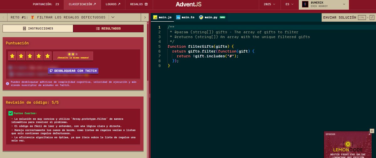 monroyaeu's tweet image. Ya comenzo el AdventJs y aqui somos fan de ir dia con dia resolviendo los diferentes retos.

Reto 1 completado con 7 Estrellas ⭐
Te dejo aqui mi solución 👇

Si tu tambien lo estas realizando, dejame en tus comentarios la solucion.
#JavaScrip #Adventjs #Coding #Code