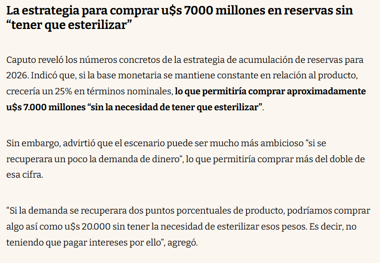 SE TERMINA EL APRETON MONETARIO DE CARA A 2026??? PARECE QUE SI 

la necesidad de acumular reservas es importante para darle estabilidad al mercado cambiario ante cualquier shock interno/externo y reforzar el bcra