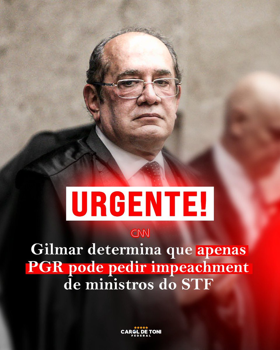 CarolDeToni's tweet image. 🚨ATENÇÃO! Golpe de blindagem no STF🚨

O medo da renovação no Senado em 2026 está escancarado. A decisão monocrática de Gilmar Mendes tenta impedir qualquer avanço nesse sentido, criando uma blindagem explícita ao STF ao restringir quem pode pedir impeachment de ministros. É a…