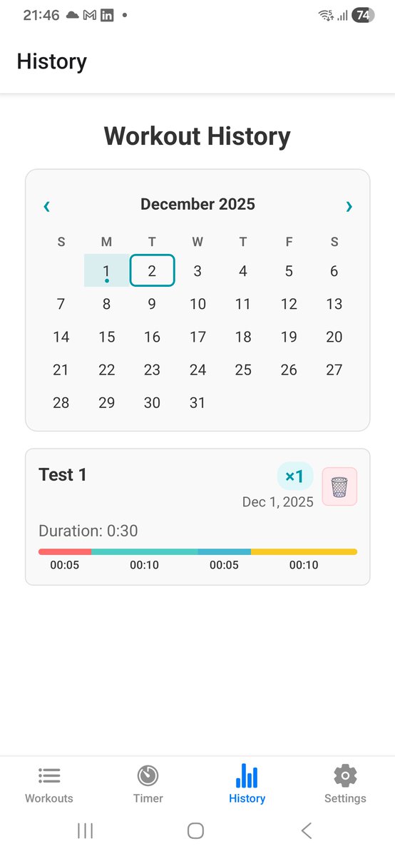 PopovskiZh's tweet image. Day 12: 
History view is now fixed and fully functional. 
Next up: diving into the Settings page to give users more control and customization.
Step by step, the Fitness Timer is coming together!  
#buildinpublic #reactnative #mobiledev #indiehackers #saas #fitnessapp