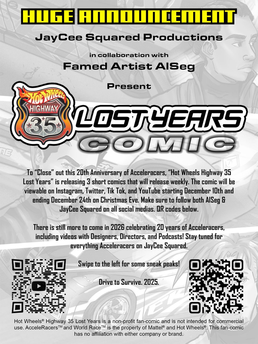 JayCee_Squared's tweet image. 👀 A New Hot Wheels AcceleRacers comic is underway. 🙌🏻 Highway35 Lost Years!

📅 First Issue: December 10th at 12 pm CST

🛹 Comics will then release weekly for 3 weeks

🎨🖌️ Illustrations by @AlSeg_ 
✍🏻 Written by @JayCee_Squared