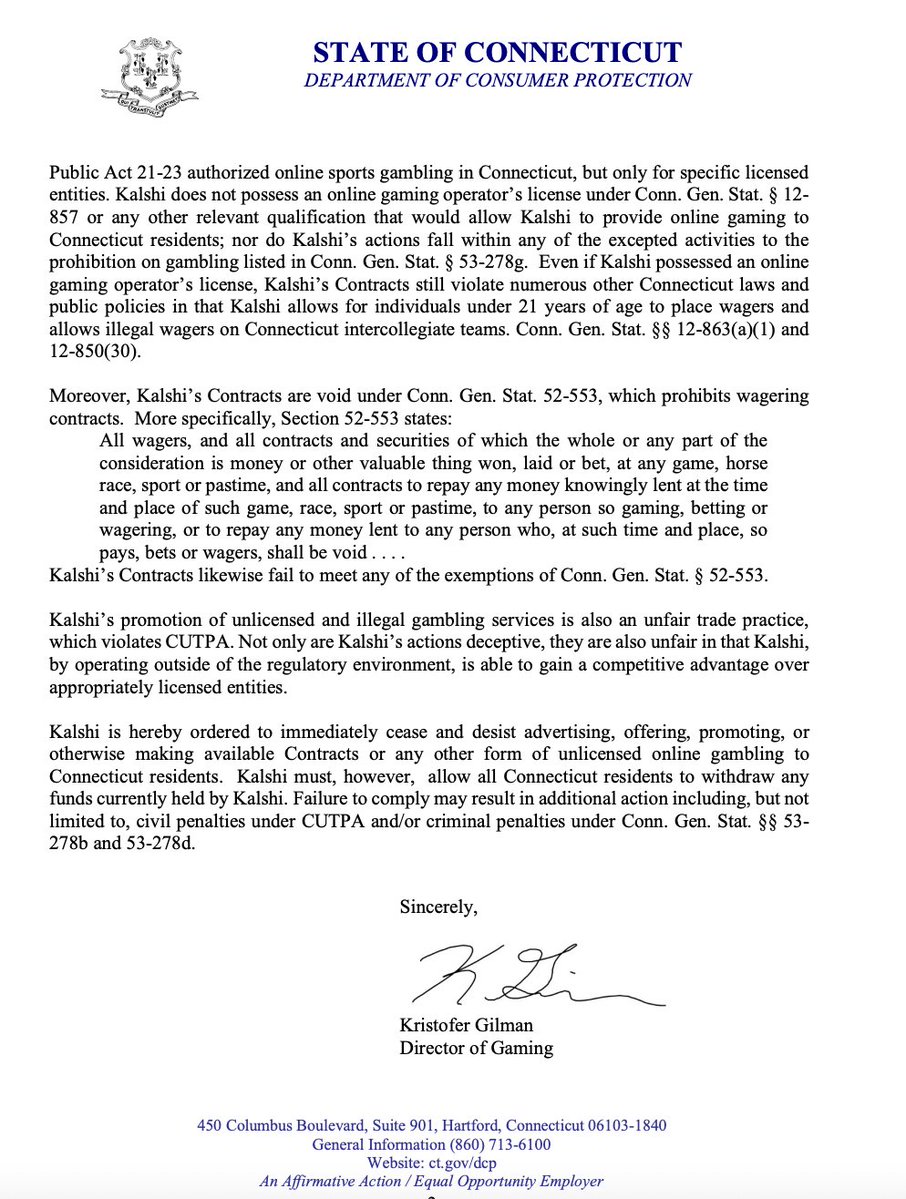 WALLACHLEGAL's tweet image. BREAKING: The Connecticut Department of Consumer Protection has sent cease-and-desist letters to Kalshi, Robinhood, and Crypto dot com for conducting illegal online gambling in violation of CT law. The companies have been ordered to &quot;immediately&quot; cease and desist such activities.