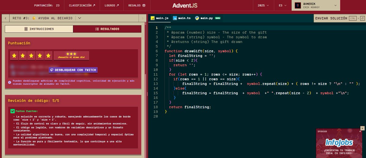 monroyaeu's tweet image. Seguimos poniendonos al corriente con el AdventJS

Reto 3 completado con 8 Estrellas ⭐
Te dejo aqui mi solución 👇

Si tu tambien lo estas realizando, dejame en tus comentarios la solucion.
La unica condicion es no usar ChatGPT

#JavaScrip #Adventjs #Coding #Code