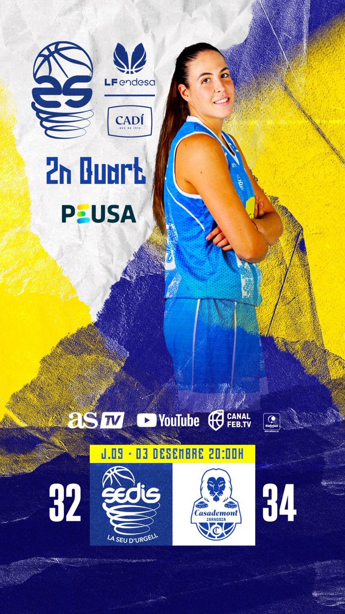 🦋 #LFEndesa J9 l 2Q

⬜️🟦 <a href="/sedisbasquet/">AE Sedis Bàsquet</a> 32
🟥⬛️ <a href="/casademontBZ/">Casademont Zaragoza</a> 33

📍Palau d’Esports

📺 canalfeb.tv l youtube <a href="/BaloncestoESP/">Baloncesto España</a> | <a href="/RadioSeu/">RàdioSeu</a> l <a href="/AS_TV/">AStv</a>  

 Som-hi!!! 💙🤍

#sentelsedis🏔️🏀