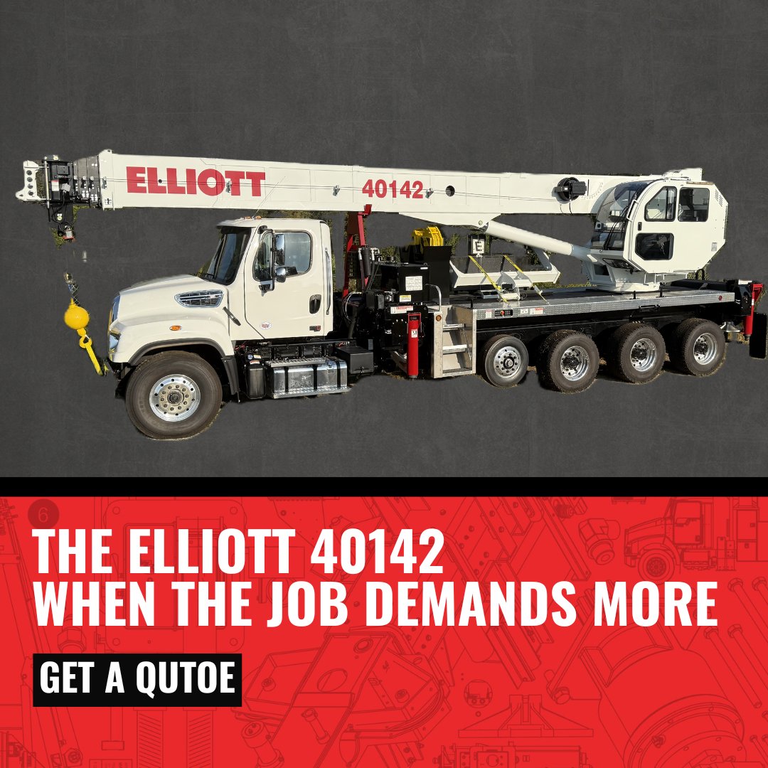 ElliottEquipCo's tweet image. Engineered for strength, precision, and reach — the Elliott 40142 delivers heavy-duty performance with a 142-ft boom and up to 207-ft tip height. 

Details: bit.ly/4qzIOSA 

#ElliottBoomTruck #HeavyLifting #ElliottEquipment
