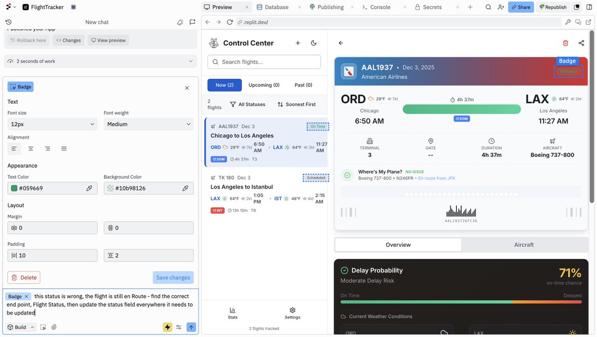 thepateleffect's tweet image. #replit #controlcenter - flight status is important, this flight is still en Route - asked the agent to check the endpoint to fetch the correct flight status and display it, wish me luck