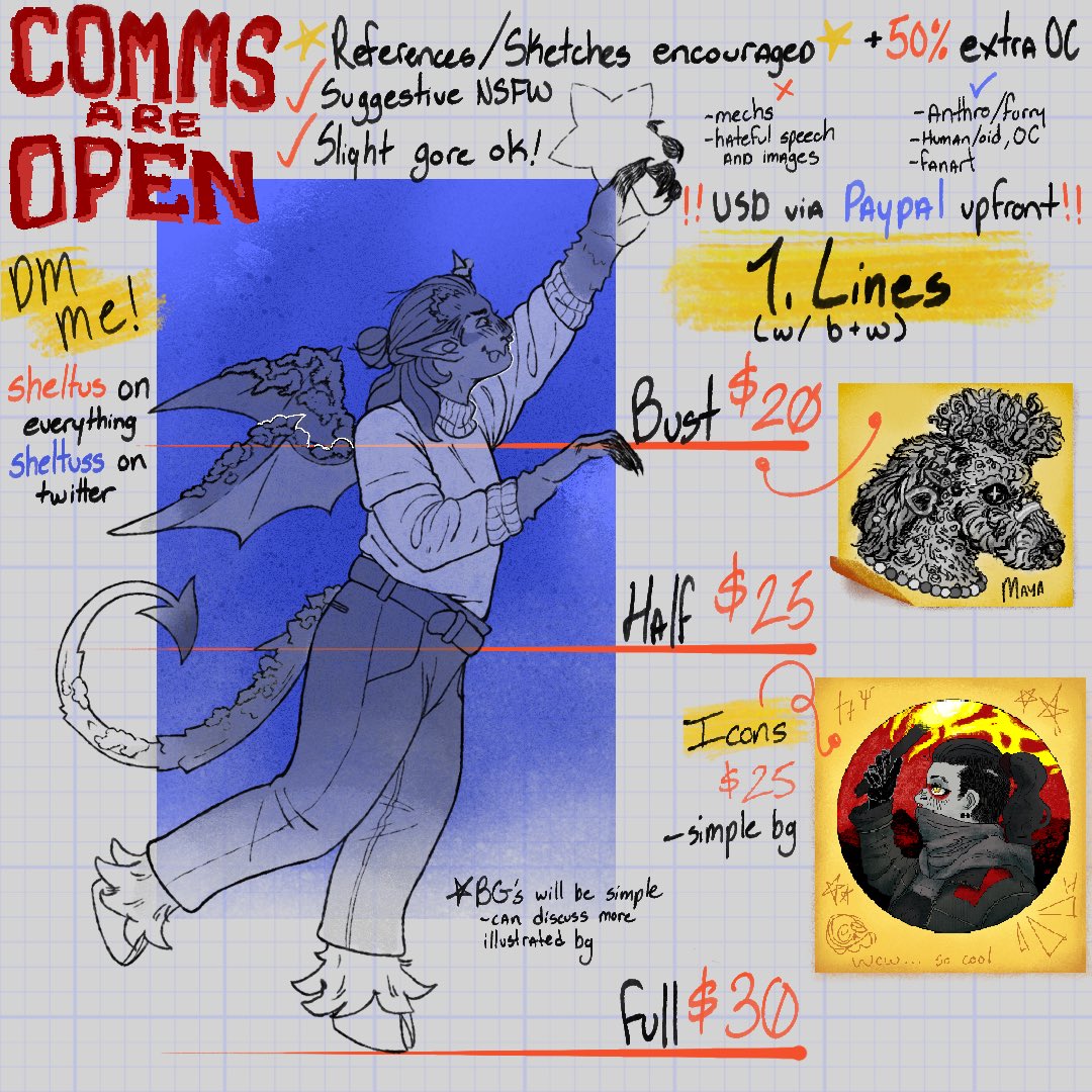 sheltuss's tweet photo. GANG… it’s here… the first time I’ve seriously opening comms. I’ve wanted to this for a while now, and it’s still very new to me but I’m going to do my best!! 

please DM me if you have any questions! https://t.co/PNOE2AqWcg