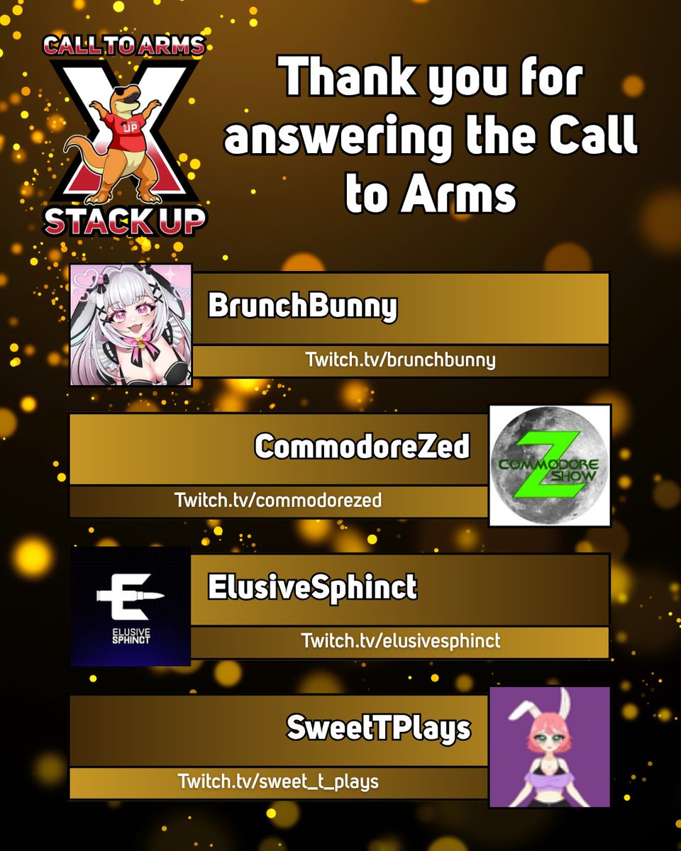 StackUpRex's tweet image. You didn&apos;t have to fundraise with @StackUpDotOrg but we&apos;re glad you did! Thanks for supporting us in 2025!

@brunchbunnyttv | Twitch.tv/brunchbunny
CommodoreZed | Twitch.tv/commodorezed
ElusiveSphinct | Twitch.tv/elusivesphinct
SweetTPlays | Twitch.tv/sweet_t_plays