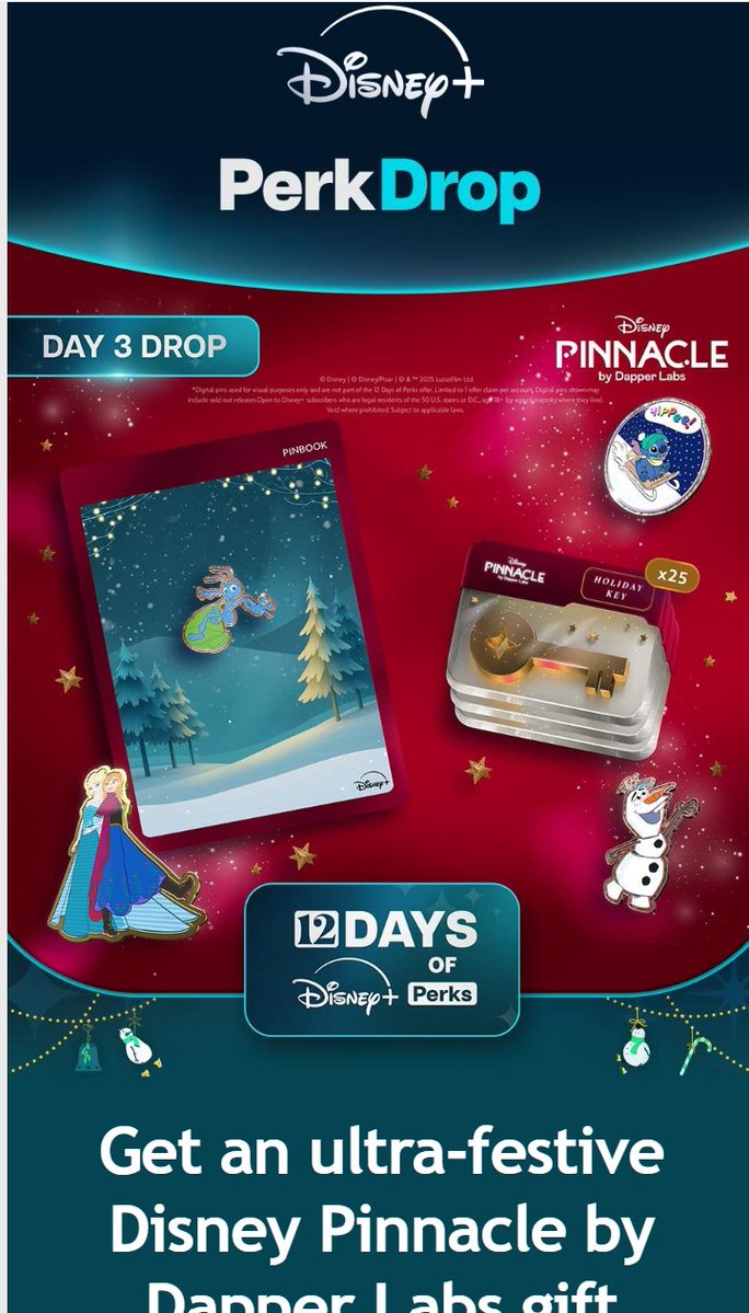 BoredClint's tweet image. Thank you @DisneyPlus &amp;amp; @DisneyPinnacle for the Pinnacle Perk Drop! 

If you have a Disney+ membership, you can claim a free cap (from the monthly perks) + a holiday pinbook background &amp;amp; 25 keys. The keys are used to try open $90k worth of pins in Holiday Boxes