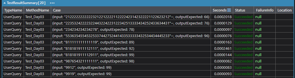 RyanRodemoyer2's tweet image. Advent of Code, Day 3 in C# w/ unit tests
(no allocations)

Make 1 pass to find the first occurrence of the maximum. Capture the ordinal.

Starting at`ordinal+1` find the next maximum.

Sadly, I used Claude Opus 4.5 to help me figure out a bug. The root cause was a…