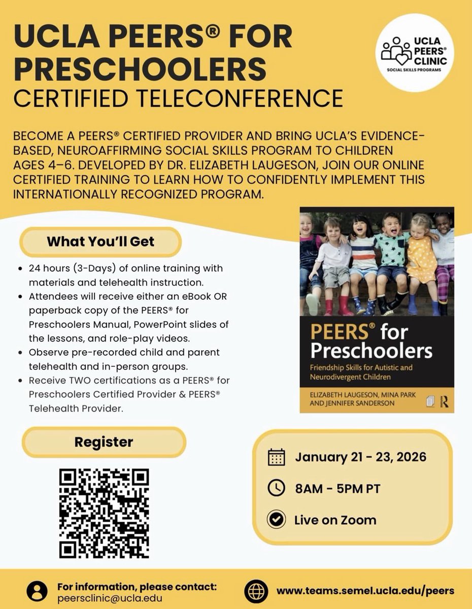There’s still time to register! The UCLA PEERS® Clinic will be hosting the PEERS® for Preschoolers Certified Teleconference on January 21–23, 2026, from 8 AM–5 PM (PT) over Zoom.

Reach out to peersclinic@ucla.edu or 310-267-3377 to sign up.