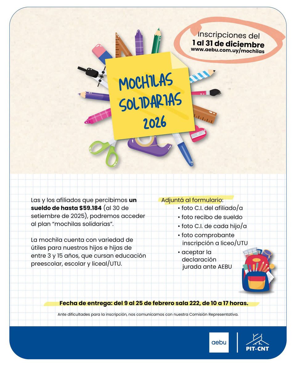 abitab_aebu's tweet photo. @Aebu_Uruguay 

Un año más AEBU se compromete con sus afiliados en el comienzo de clases. Inicia la inscripción de MOCHILA SOLIDARIA.
Tenes tiempo hasta el 31/12. 

https://t.co/X6sDHy8dsH https://t.co/TJerleM5Qr