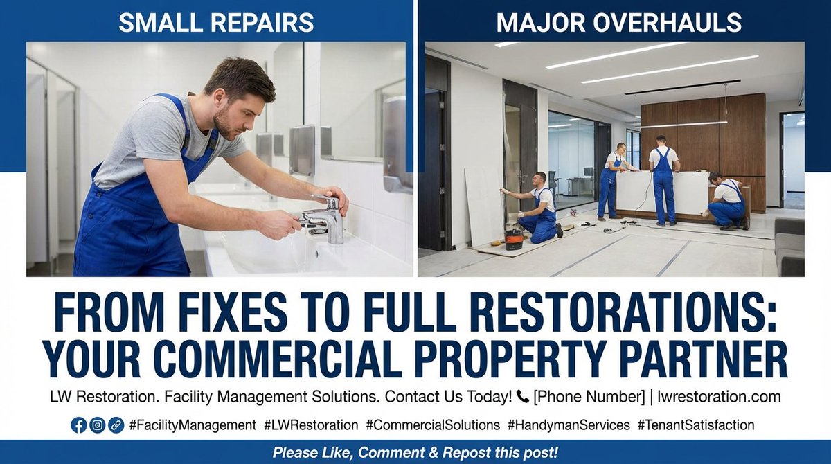 l_wrestoration's tweet image. From a small repair to a major overhaul, we'll help you keep your commercial property in top condition. We are your trusted partner in facility management. Contact us today! 📞 #FacilityManagement #LWRestoration #CommercialSolutions #HandymanServices #TenantSatisfaction