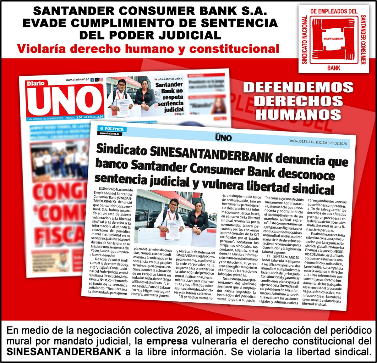 𝗢𝗣𝗜𝗡𝗜𝗢́𝗡 𝗣𝗨́𝗕𝗟𝗜𝗖𝗔 𝗧𝗢𝗠𝗔 𝗖𝗢𝗡𝗢𝗖𝗜𝗠𝗜𝗘𝗡𝗧𝗢 𝗣𝗢𝗥 𝗠𝗘𝗗𝗜𝗢 𝗗𝗘𝗟 '𝗗𝗜𝗔𝗥𝗜𝗢 𝗨𝗡𝗢' 𝗤𝗨𝗘 𝗦𝗔𝗡𝗧𝗔𝗡𝗗𝗘𝗥 𝗖𝗢𝗡𝗦𝗨𝗠𝗘𝗥 𝗕𝗔𝗡𝗞 𝗣𝗘𝗥𝗨́ 𝗡𝗢 𝗥𝗘𝗦𝗣𝗘𝗧𝗔 𝗦𝗘𝗡𝗧𝗘𝗡𝗖𝗜𝗔 𝗝𝗨𝗗𝗜𝗖𝗜𝗔𝗟 𝗬 𝗔𝗙𝗘𝗖𝗧𝗔 𝗟𝗔 𝗟𝗜𝗕𝗘𝗥𝗧𝗔𝗗