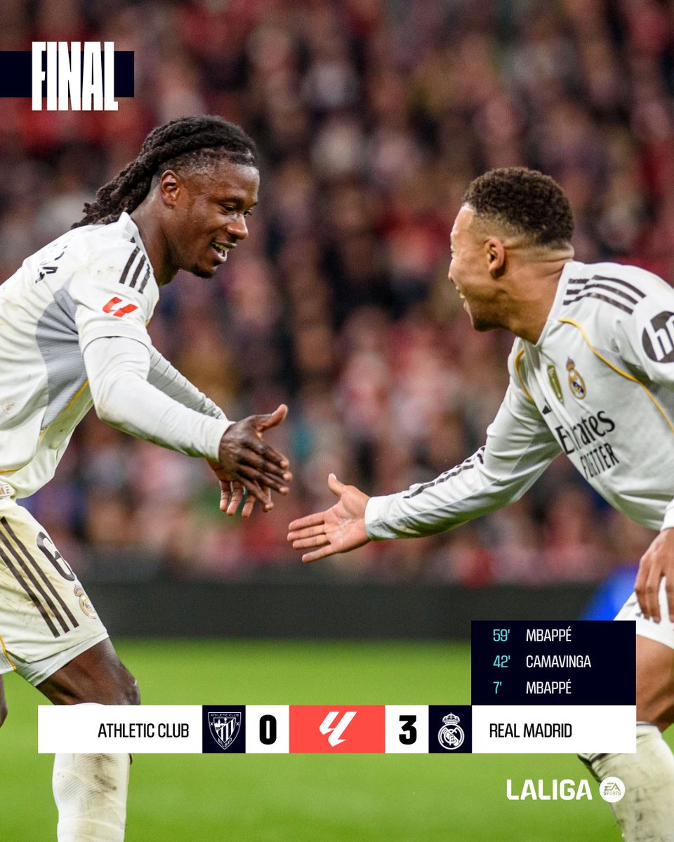 FINAL #AthleticRealMadrid 0-3

🤍 ¡El doblete de <a href="/KMbappe/">Kylian Mbappé</a> y el tanto de <a href="/Camavinga/">Eduardo Camavinga</a> le dan los tres puntos al <a href="/realmadrid/">Real Madrid C.F.</a> en San Mamés!

#LALIGAEASPORTS