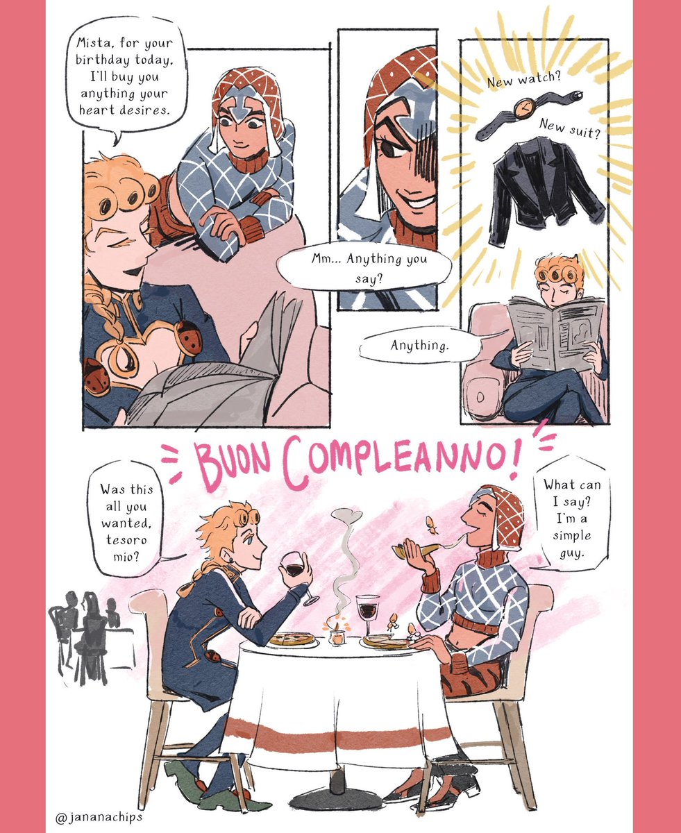 jananachips's tweet photo. Buon Compleanno, Mista! 🎂
I know he's a material girl, but I think esp after years of being spoiled and lavished by the mob life, Mista would be happy with some good wine and dinner. #giomis #misgio https://t.co/fZlg4Bkv3z