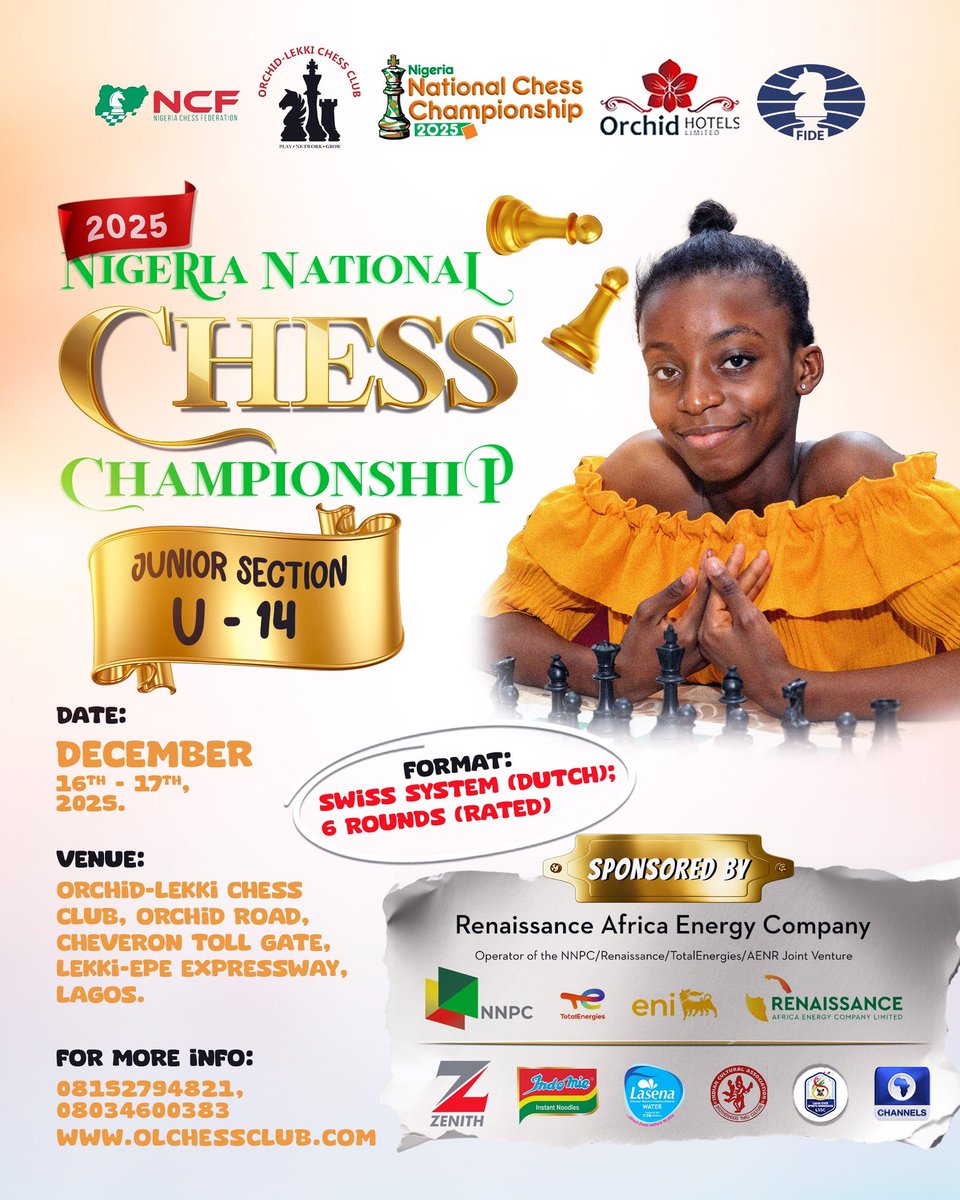 OLChessClub's tweet photo. THE NIGERIA NATIONAL CHESS CHAMPIONSHIP 2025: CALLING SCHOOLS &amp; PARENTS FOR U14 CATEGORY! 

The future of Nigeria is bright &amp; it's evident with players registering for the Under-14 of the 2025 #National #Chess #Championship!
Registration Closes in 10 Days!
Don’t Miss It!
#NCC2025 https://t.co/ht82d8LUoJ