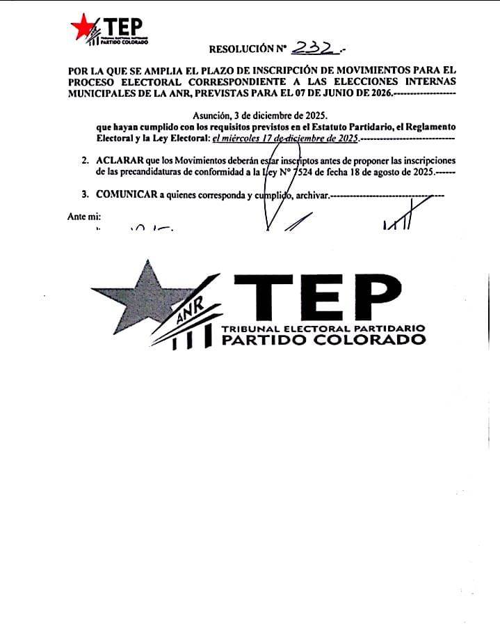 El Tribunal Electoral Partidario, mediante Resolución N° 232 amplia el plazo de inscripción de movimientos para el proceso electoral correspondiente a las elecciones internas municipales de la ANR, previstas para el 07 de junio de 2026.