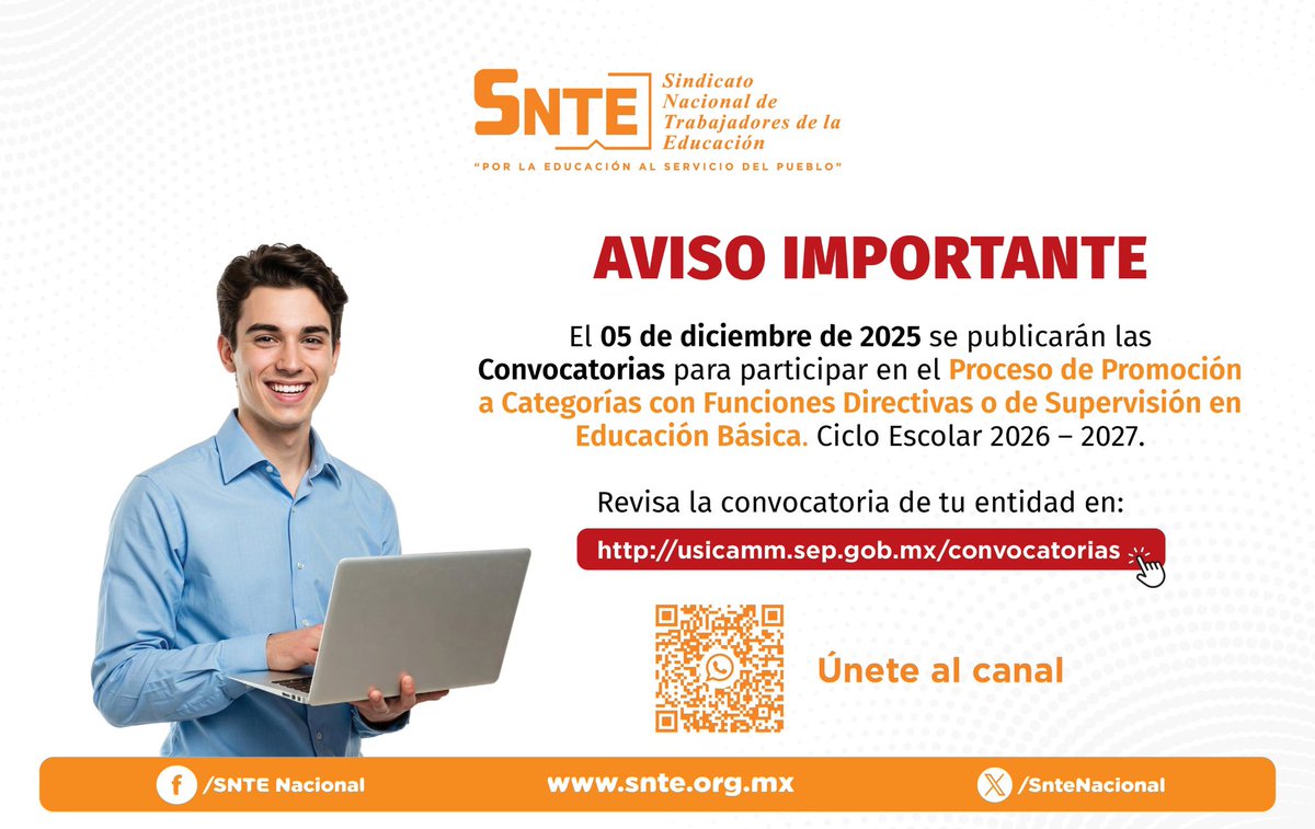 📢 ¡Aviso importante!
 
📆 El próximo #5deDiciembre se publicarán las convocatorias para el Proceso de Promoción a Categorías con Funciones Directivas en Educación Básica. Ciclo Escolar 2026-2027
Encuentra la información en el link:
👉usicamm.sep.gob.mx/convocatorias