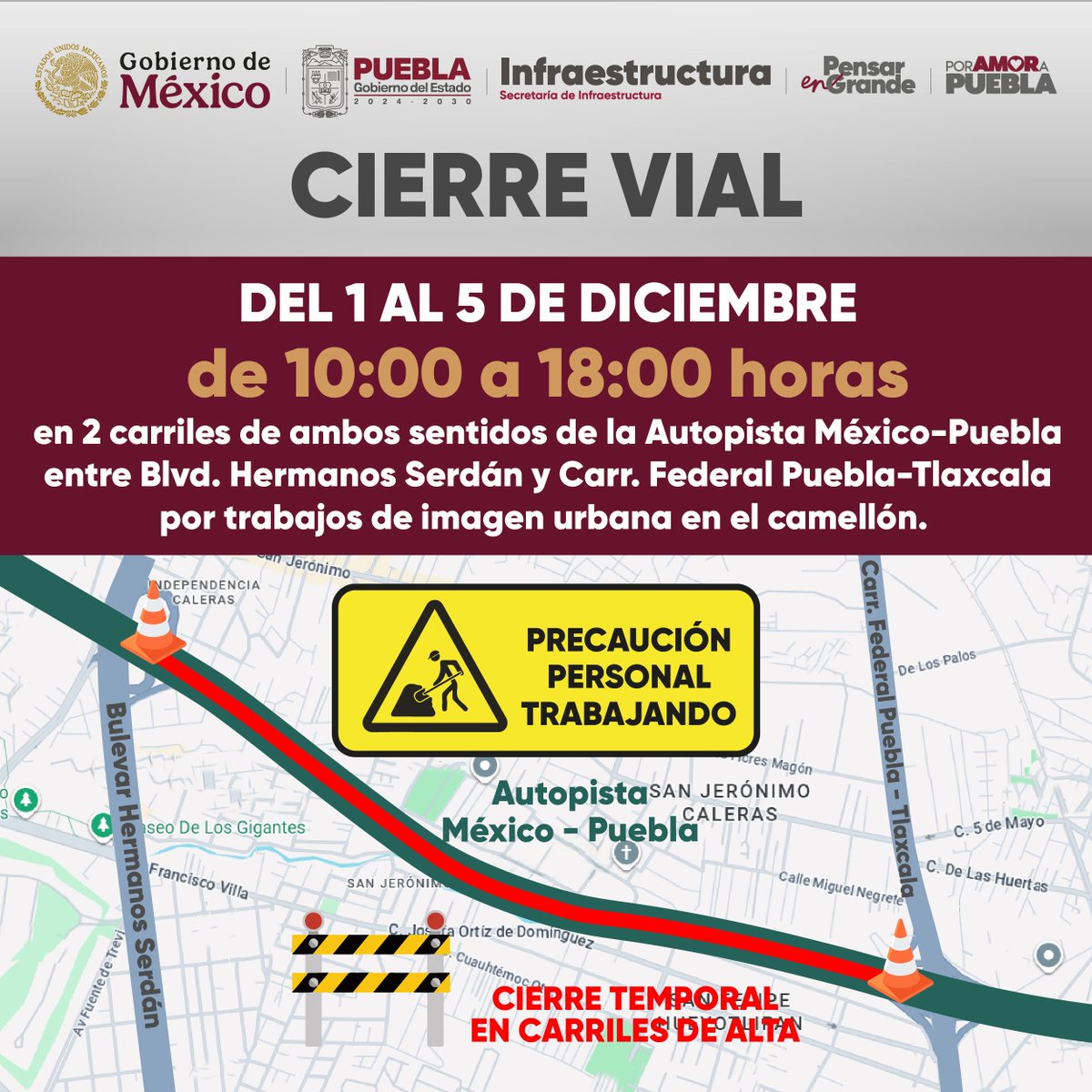📰 #InfraInforma | CIERRE VIAL DEL 1 AL 5 DE DICIEMBRE EN 2 CARRILES DE AMBOS SENTIDOS DE LA AUTOPISTA MÉXICO – PUEBLA ENTRE BLVD. HERMANOS SERDÁN Y CARR. FEDERAL PUEBLA - TLAXCALA.
🚧 El <a href="/Gob_Puebla/">Gobierno de Puebla</a> a través de esta dependencia realiza trabajos de imagen urbana en el camellón.