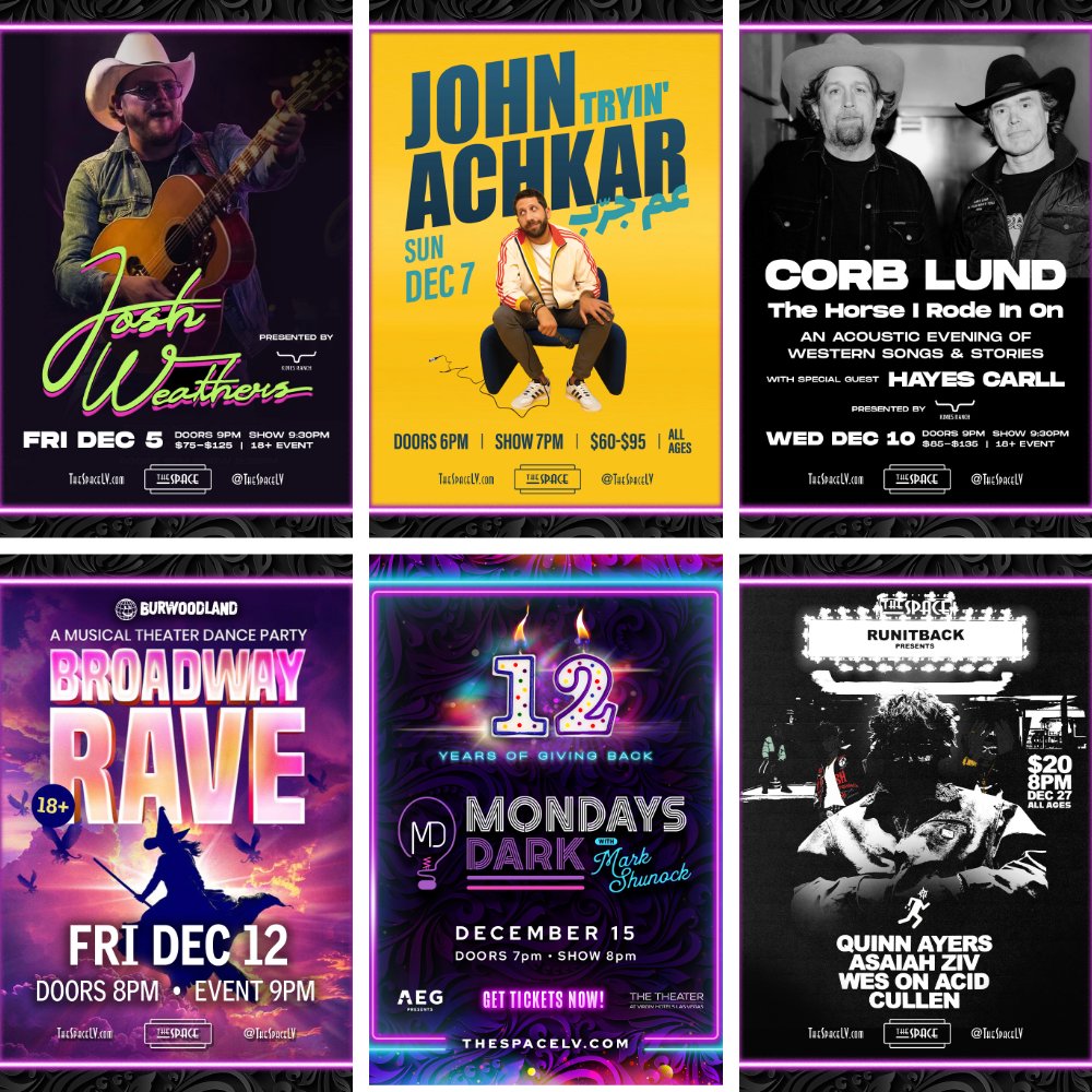thespacelv's tweet photo. 🎉 December is packed at The Space!

Get ready for shows, laughs, live music, and more.
Stay tuned 👀✨ 

#TheSpaceLV https://t.co/JNIQR67jZj