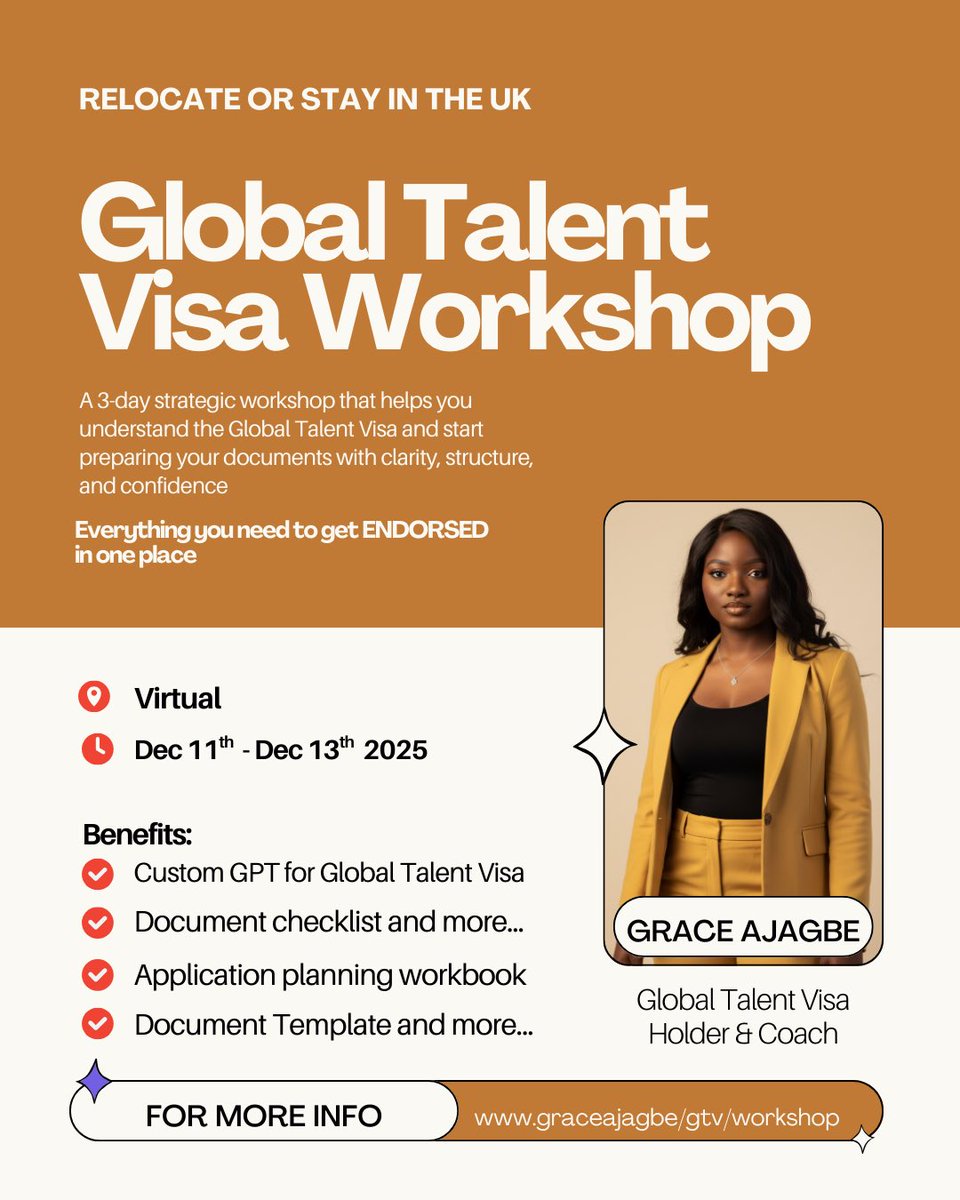 Will be hosting a Global Talent Visa workshop next week where you will learn everything that will get you ENDORSED. 

Reserve your seat here: graceajagbe.com/gtv/workshop