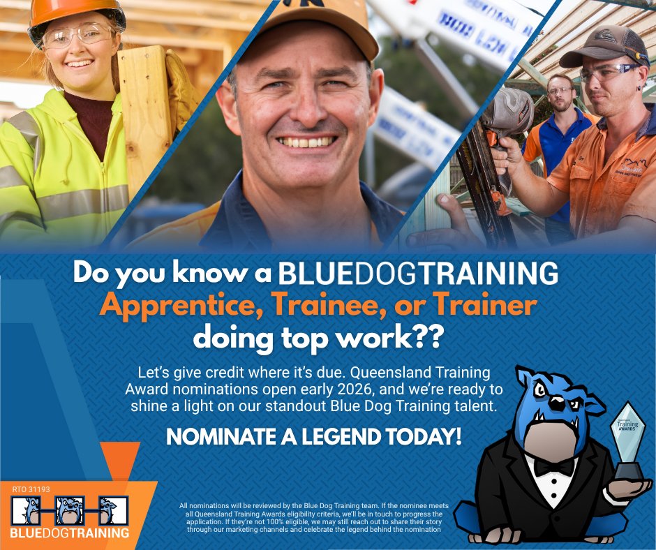 BlueDogTraining's tweet image. Queensland Training Award nominations open soon. Now is the time to put forward your Blue Dog Training legends. Trainers, apprentices, employers, let’s give credit where it’s due.
Submit here: ap1.hubs.ly/y0r0F40