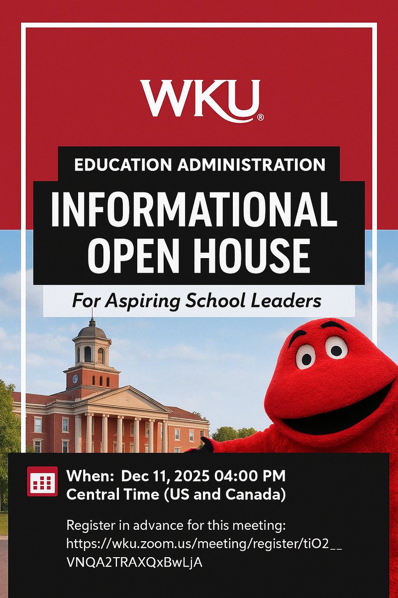 Are you interested in advancing your career as an educator? Join us for our next virtual open house which is scheduled for Dec. 11th and 4 pm and we'll answer your questions. We look forward to meeting you!  

Register for this meeting:
wku.zoom.us/meeting/regist…

<a href="/WKUCEBS/">WKU CEBS</a> <a href="/wku/">Western Kentucky University</a>