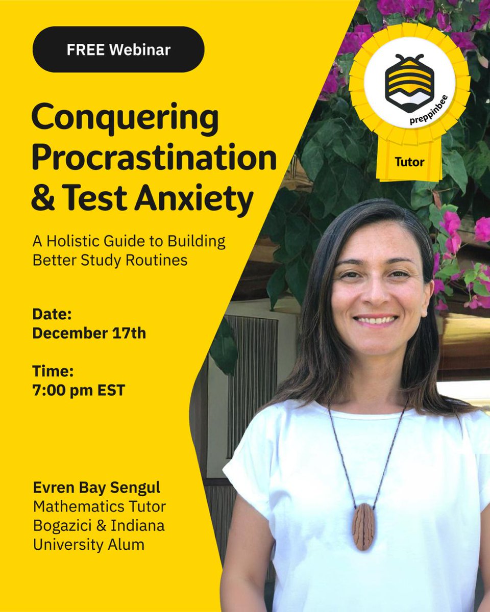 preppinbee's tweet photo. FREE Webinar: Beat Test Anxiety! 🧠

Join expert Evren Bay Sengul to learn the neuroscience of effective study routines &amp; procrastination hacks.

🗓️ Dec 17, 7pm EST

 HOW TO JOIN:

Sign up here: https://t.co/1NhOw9LD0n 

Required: Go to Homepage to reserve your spot!

#TestPrep https://t.co/4uZ54Mdc7q