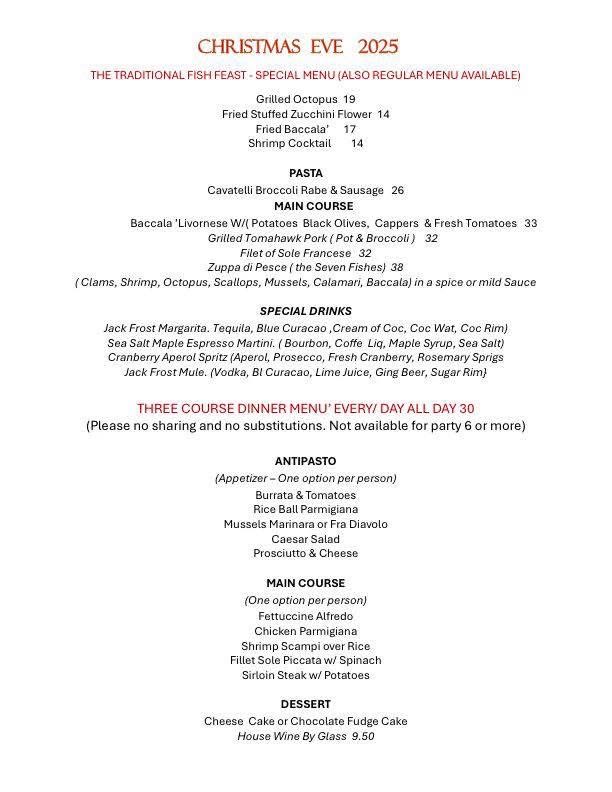 🎄 Christmas Eve 2025
The traditional Fish Feast (special menu)
Also Three-Course Dinner — $30 available. 

📞 Reserve in advance: 914-636-1229
📍 414 Pelham Rd, New Rochelle
🌐 mammafrancesca.com

We can’t wait to celebrate the holidays with you. 🎄✨
